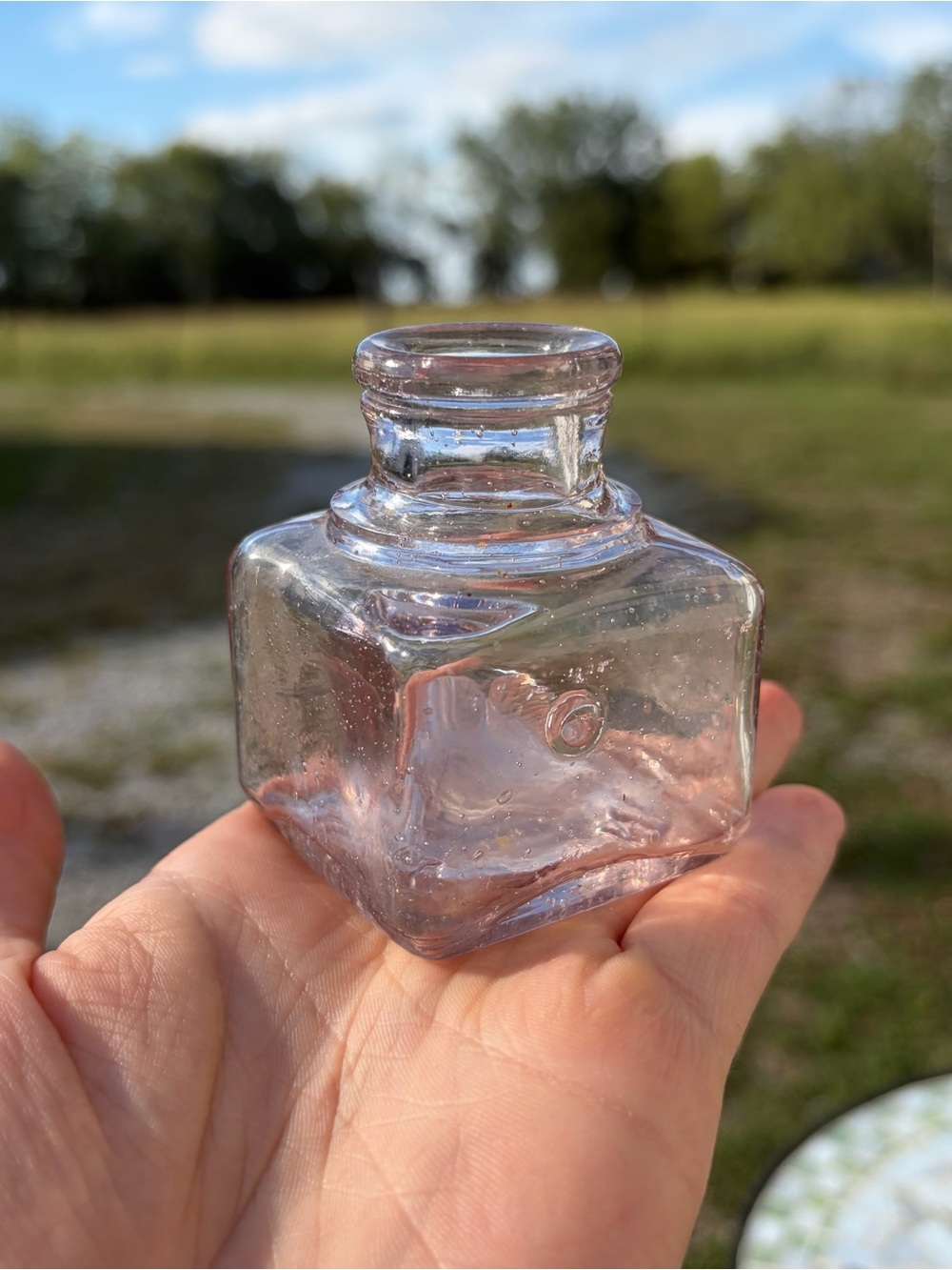 Antique Clear Light Pink Tinted Square Glass Ink Well Bottle Sanfords Very Rare